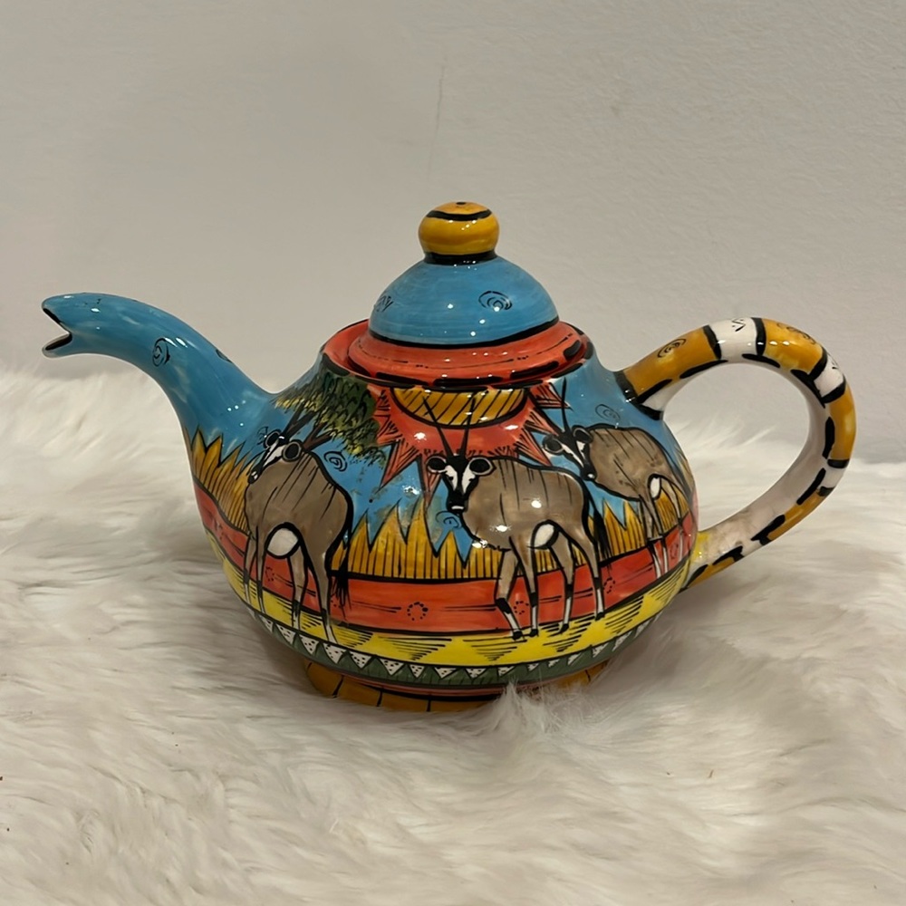 Vintage Penzo African Art Teapot from Zimbabwe Ceramic Signed Animal Pottery